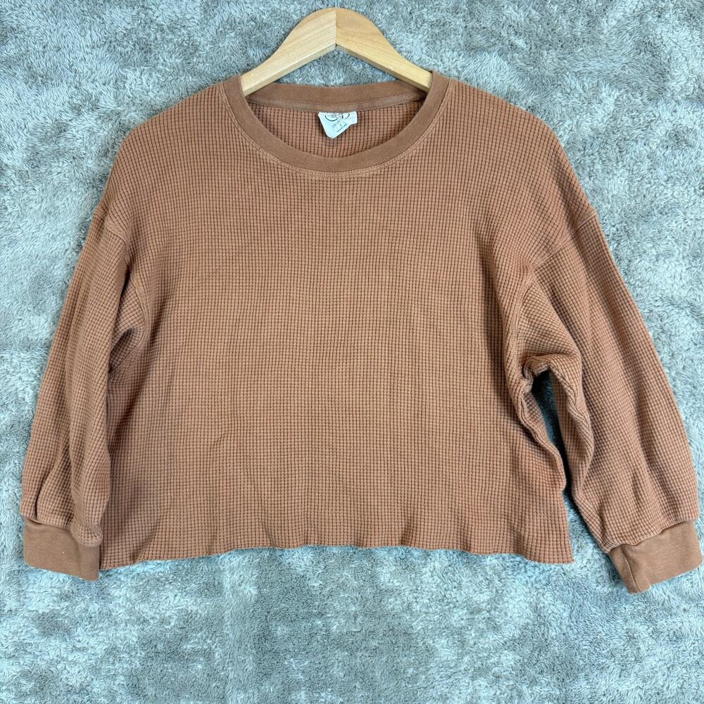 Sage Collective Top Waffle Knit Thermal Brown Crop Long Sleeve S Small